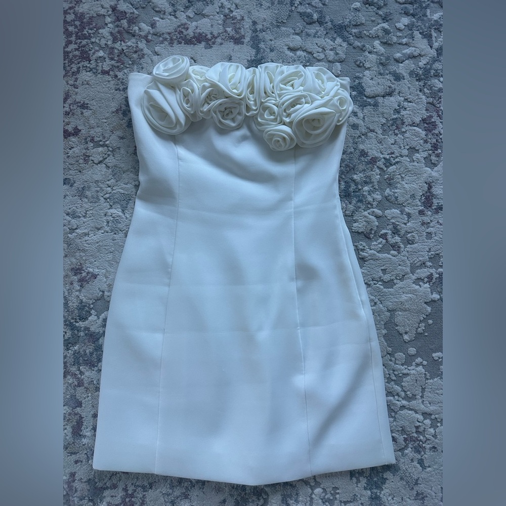 Meshki White Strapless Dress with Floral Accents